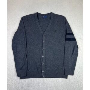 Fred Perry Sweater Mens Large Gray Wool Cotton V Neck Cardigan Stripe Knit